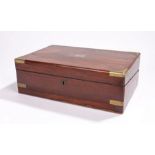 Victorian rosewood writing box, with brass corner mounts and blank cartouche, the interior with