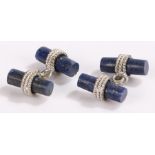 Pair of lapis lazuli cufflinks, of cylindrical form with white metal rope twist mounts