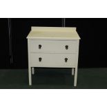 Cream painted chest of two long drawers, with raised upstnad, on square legs, 76cm wide
