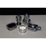 Silver, various dates and makers, to include two pepperettes, napkin ring, salt and mustard pot with