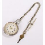 Silver open face pocket watch, with a white enamel dial, a watch chain attached