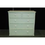 Mint green painted pine chest of two short and three long drawers, with porcelain handles, on a