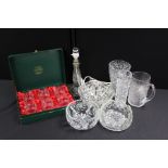 Thomas Webb set f cased glass tumblers, together with three glass bowls, a glass lamp and two