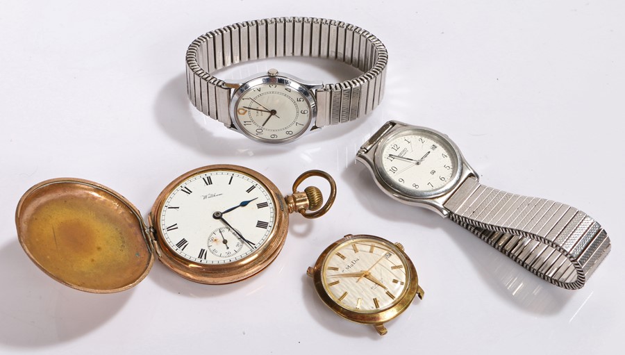 Gold plated Waltham hunter pocket watch, AF, together with a MuDu watch, Timex and Seiko, (4)