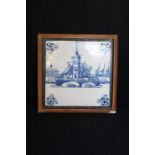 18th Century Delft tile, painted in blue of a church, the tile mounted to a frame