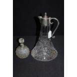 Silver rimmed cut glass bottle, together with a silver plated and glass claret jug, (2)