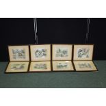 Eight Henry Alken caricature studies of horses, dogs, and figures, housed in oak gilt and glazed