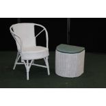 Lloyd loom white linen basket of crescent form, similar elbow chair (2)