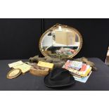 Mixed objects, to include a mirror, a Lincoln Bennet hat, a fox fur, tools, etc, (qty)