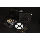 Black leather briefcase, attache case, rucksack with picnic set to the interior, bead-work evening