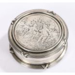 Continental silver box, the lid decorated with a courting couple in a garden, the edge stamped .800