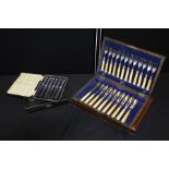 Cased sets to include two sets of six silver handled tea knives, fish knives and forks (5)