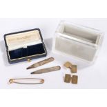 Gold plated cufflinks, together with silver plated collar stiffeners and a brooch