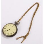 Gun metal open face pocket watch, with a white enamel dial, together with a watch chain