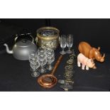 Brass jardiniere, miniature copper warming pan, carved wooden rhino, horse brasses etc. (qty)