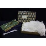 Early 20th century wedding dress, military style gilt braided dress belt, two dresses, green