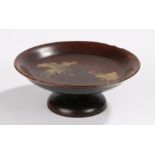 Japanese Meji period footed dish, the lacquered dish decorated with gilt fighting cockerels, the