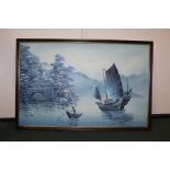 Oriental riverside scene depicting a junk with bridge and rowing boat, oil on canvas, in a dark