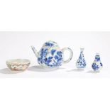 Chinese miniature porcelain bottle, possibly Kangxi, together with another vase, a tea pot and