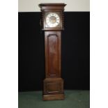 20th Century oak cased longcase clock, the hood with barley twist pilasters, the silvered chapter