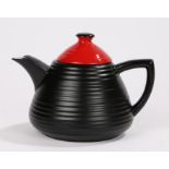 Clarice Cliff Newport Pottery teapot,with black and red ridged tapering lid above the black ridged