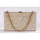 1950s Lucite glitter effect carry all compact with gold-tone snake wrist chain, for lipstick,