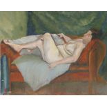 Caroline Knott, reclining female nude, initialled oil on board dated 1966, unframed, the oil 50.