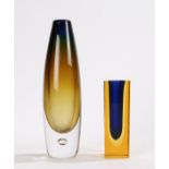 Kosta Boda glass vase, with graduating brown bulbous body on a clear glass foot, 21cm high, blue and