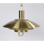 Brass hanging lamp, formed from three graduated metal shades, 38cm diameter