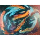 Moira Doggett (B1927), abstract study, swirling blue, orange and brown shapes, unframed, the oil