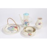 Poole pottery coffee pot, vase, cake plate and flower bowl, with foliate decoration (4)