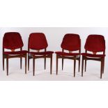Set of four mid 20th Century dining chairs, with purple velvet upholstered backs and seats, on