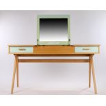 20th Century light oak desk/dressing table, with central hinged compartment lifting to reveal a