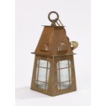 Arts and Crafts style copper hanging lantern, with hanging loop above a tapering top section, glazed