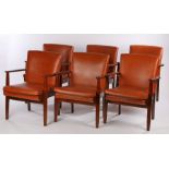 Set of six Parker Knoll model PK733 armchairs, with brown leatherette upholstered back and seats, on