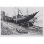 Etching depicting fishing boats at a mooring, signed indistinctly to the mount and numbered 67/