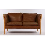 1970's Borge Morgensen 'Stouby' ash and beech two seat settee, with curved railed ends, tan