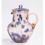 1950's Murano glass jug and cover, the orange smoky effect glass with marines effect blue and red