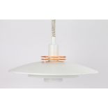 White ceiling lamp, formed from three circular shades, with two orange discs to the top section,