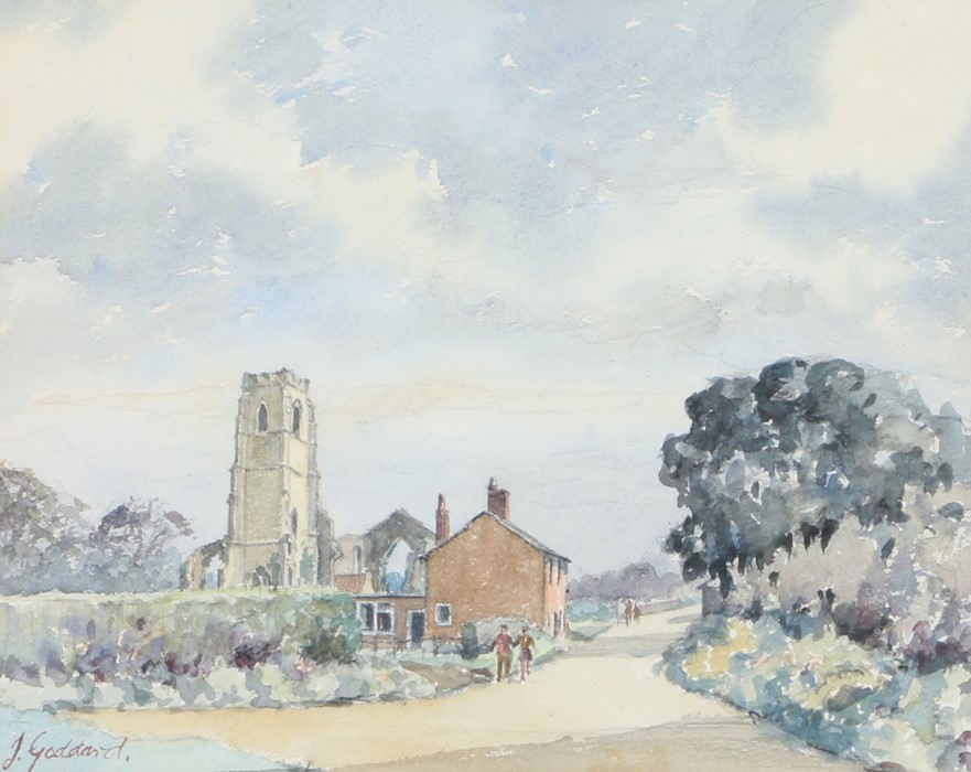 Jack Goddard (1906-1984), Covehithe church with cottage to the foreground, signed watercolour,