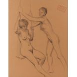 John Hall (1921-2006), charcoal drawing on paper of two female nudes playing on a swing, with "