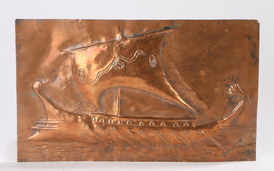 Newlyn school style copper panel, with depiction of a longboat, 30cm x 18cm