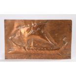 Newlyn school style copper panel, with depiction of a longboat, 30cm x 18cm