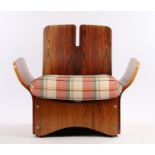 Max Glendinning for Race Furniture rosewood veneered arm chair, with curved arms the rubber base