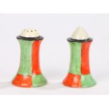 Clarice Cliff Newport Pottery Muffineer salt and pepper pots, with black rims above red and green
