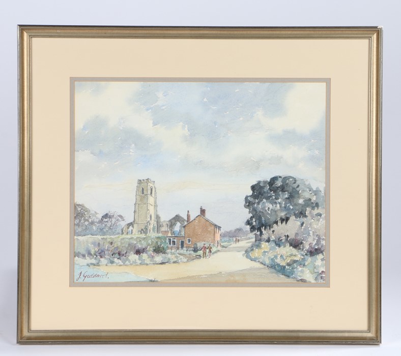 Jack Goddard (1906-1984), Covehithe church with cottage to the foreground, signed watercolour, - Image 2 of 2