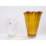 Art and Design glass vase of folded form, 21cm high, similar amber glass vase, 29cm high (2)