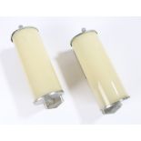 Pair of Art Deco style wall lights, with white cylindrical glass shades housed in chrome mounts,