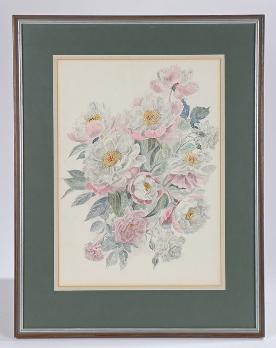 Attributed to Cecil Mary Leslie (1900-1980), "Paeonies", watercolour and pen, housed in a silvered - Image 2 of 3