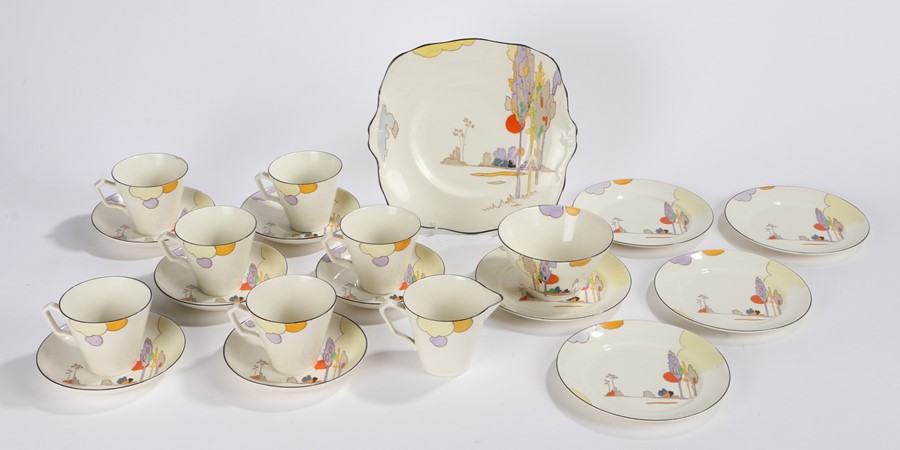 Tams Ware pottery tea set, with stylised landscape decoration, consisting of six teacups, six